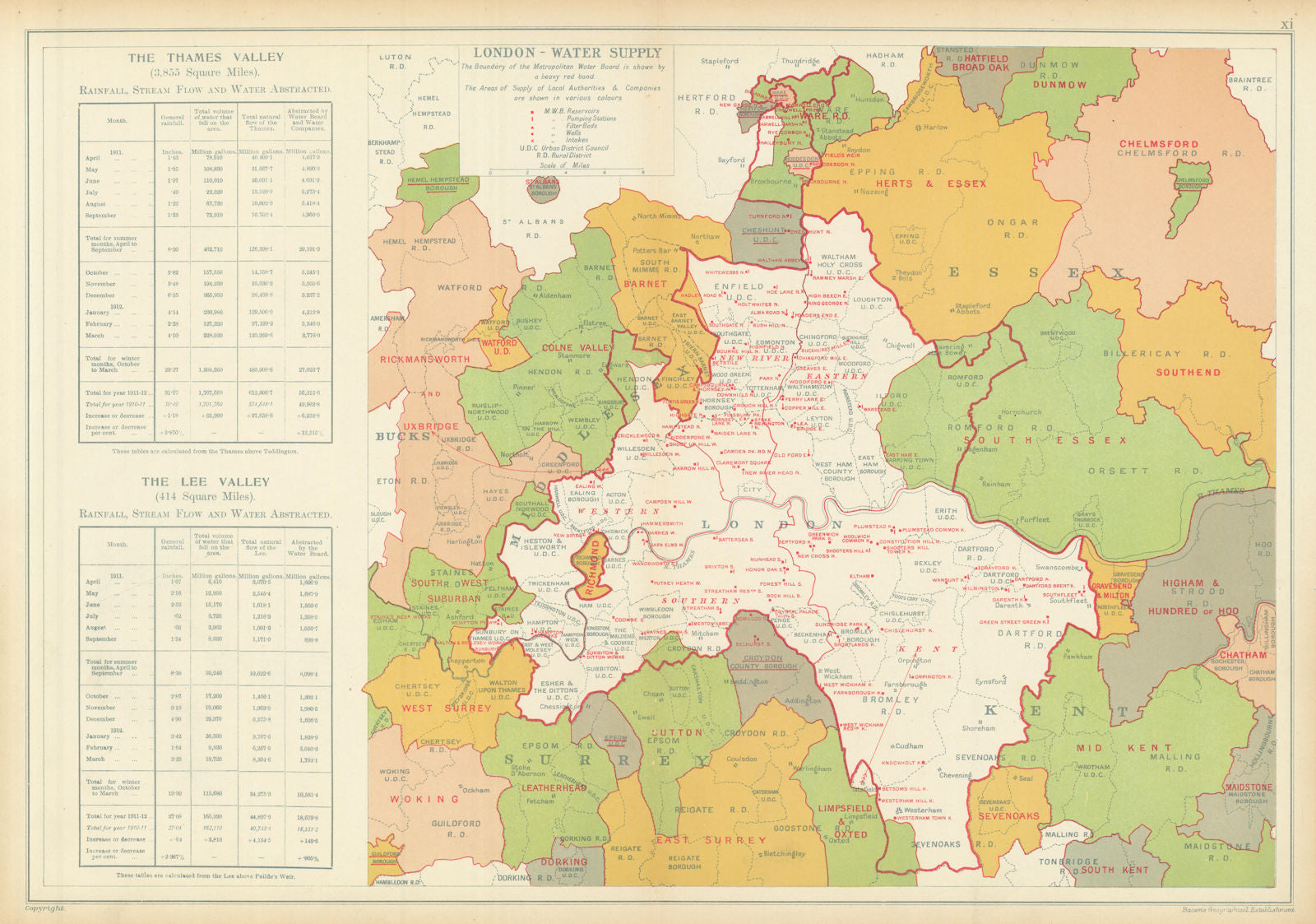 LONDON WATER SUPPLY. Metropolitan Water Board. Reservoirs Pumping Stns 1913 map